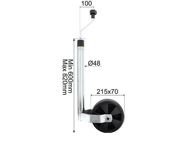 Stödhjul Ø48mm Plastfälg Fullgummihjul 215x70mm. Kultrycksindikator. Belastning 125Kg Valeryd