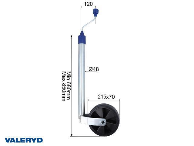 St&ouml;dhjul &Oslash;48mm med plastf&auml;lg. Fullgummihjul 215x70mm. Belastning 150kg Valeryd